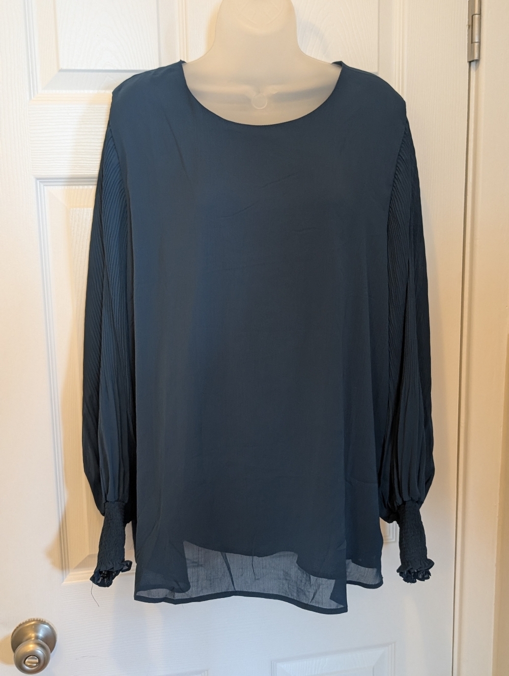 Aifer Women’s Dark Teal Blouse Pleated Sleeve Smocked Cuff Flowy Lightweight 2XL